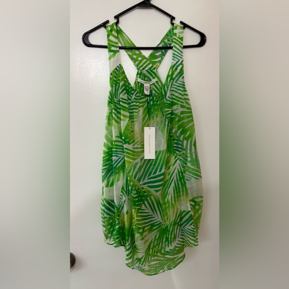 Diane Von Furstenberg Cotton/Silk Green Tropical Print Sleeveless Top Size 10